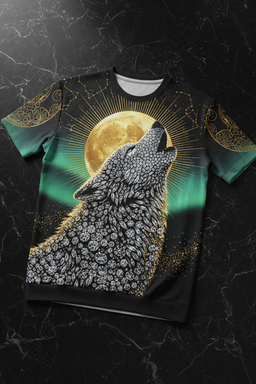 Diamond Howling Wolf Aurora Luxury AOP T-Shirt