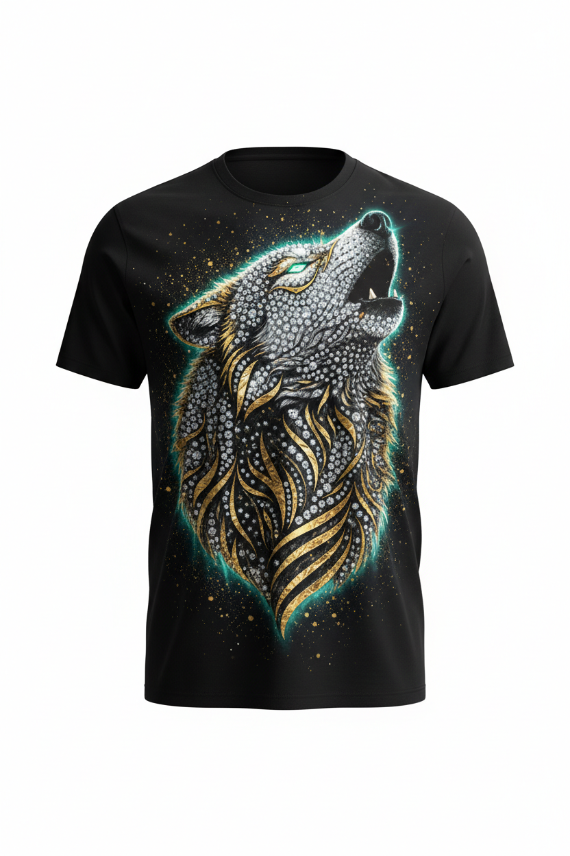 Luxury all-over print wolf t-shirt with diamond and 24k gold accents