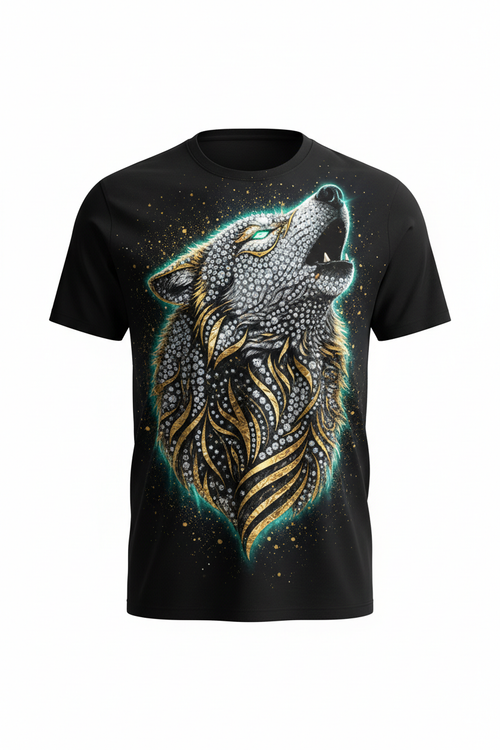 Luxury all-over print wolf t-shirt with diamond and 24k gold accents